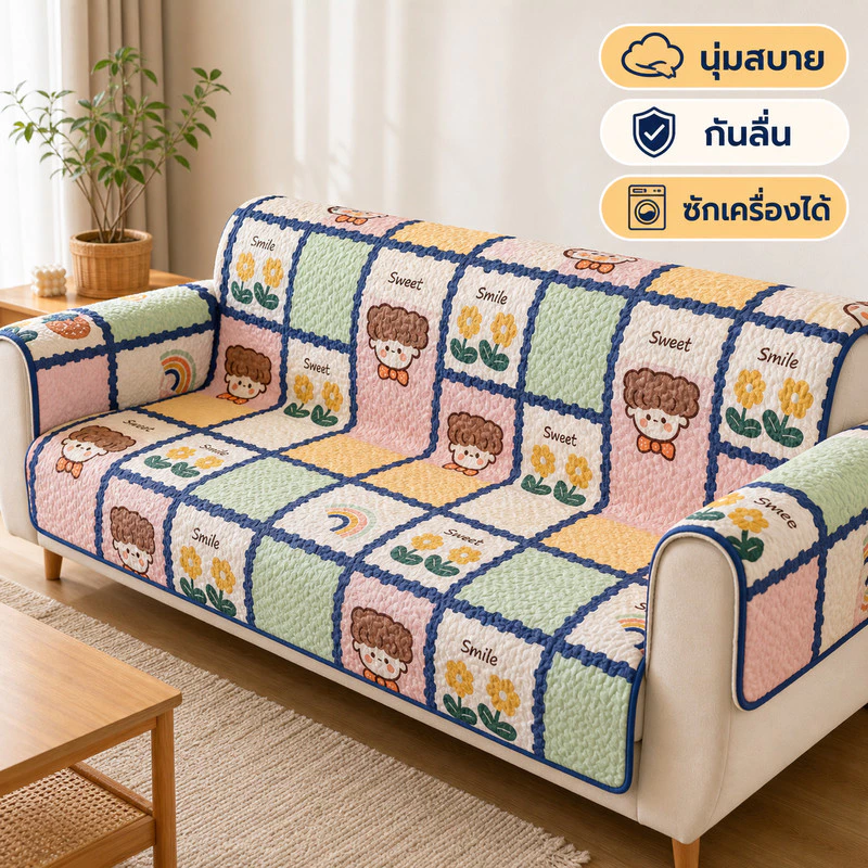 ผ้ารองโซฟา ผ้าคลุมโซฟาโพลีเอสเตอร์ กันลื่น กันฝุ่น ซักเครื่องได้ ลายน่ารัก หลายขนาด พร้อมส่ง