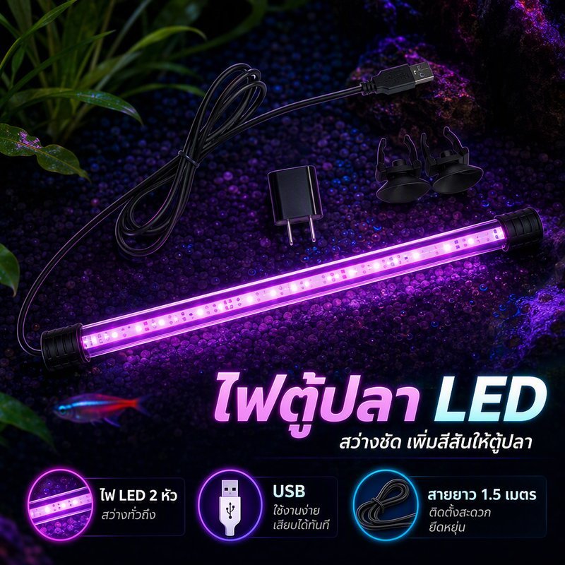 ไฟตู้ปลา LED กันน้ำ USB แรงดันต่ำ ไฟเพิ่มสีปลา แสงขาวฟ้า ไฟดำน้ำ สายยาว สองหัว