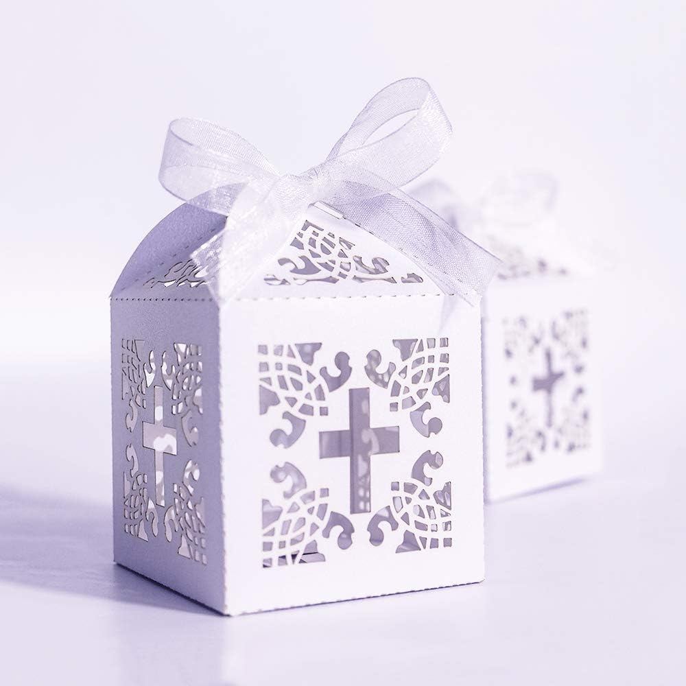 YOZATIA 50PCS Cross Favor กล่อง, 2.2 x 2.2 นิ้ว Baptism Favor กล่อง 50 ริบบิ้น, สําหรับปาร์ตี้วันเกิ