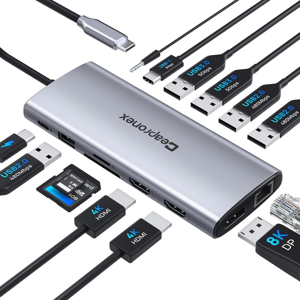 USB C Docking Station 14 in 1 2 HDMI 4K + DP 8K 3 จอภาพ Triple Display สําหรับแล็ปท็อป,/MacBook Pro/
