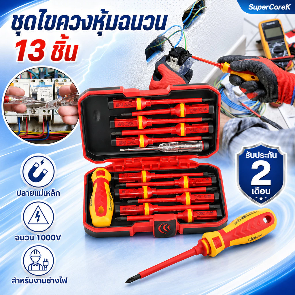 1000 โวลต์ VDE 13 ชิ้น ฉนวนไขควงช่างไฟฟ้าซ่อมชุดเครื่องมือแม่เหล็กสกรู (HP302) Slotted Phillips Pozidriv Torx Cr-V Bits