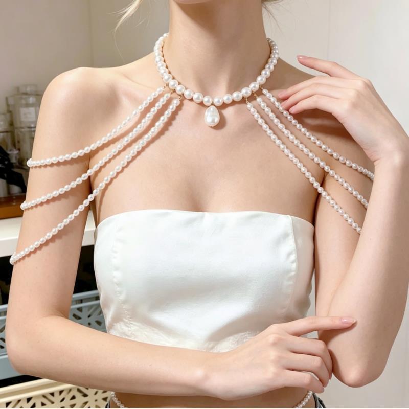 ❤❤❤❤✨Super Fairy Classy Multi-Layer U-Shaped พู่เลียนแบบมุกไหล่ Retro สไตล์ชุดการจับคู่ Body CHAIN เ