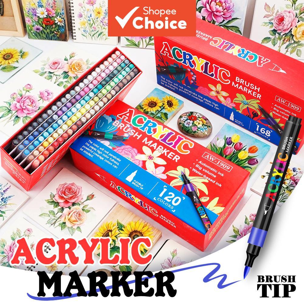 ปากกามาร์กเกอร์อะคริลิคเหลว MW ปลายแปรงนุ่ม กันน้ํา ปากกามาร์กเกอร์สีอะคริลิค 48 60 80 120 168 สี