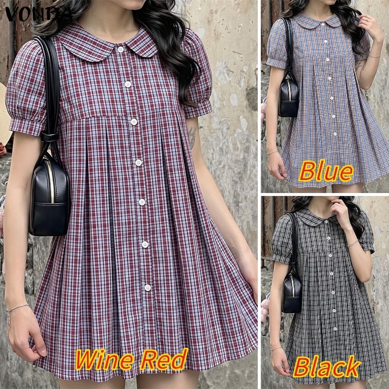 VONDA ผู้หญิง Girly สไตล์วิทยาลัยหวานลายสก๊อตสี Peter Pan Collar พัฟแขนสั้นปุ่มจีบเอวสูงหลวมชุดทอเส้น — صورة 3