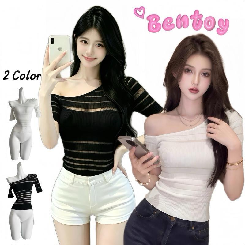 Bentoy พร้อมส่งในไทย 10303 เสื้อแขนสั้นไหล่เฉียง ลายทาง งานไหมพรมงานถัก รัดรูป ทรงสวยใส่สบาย