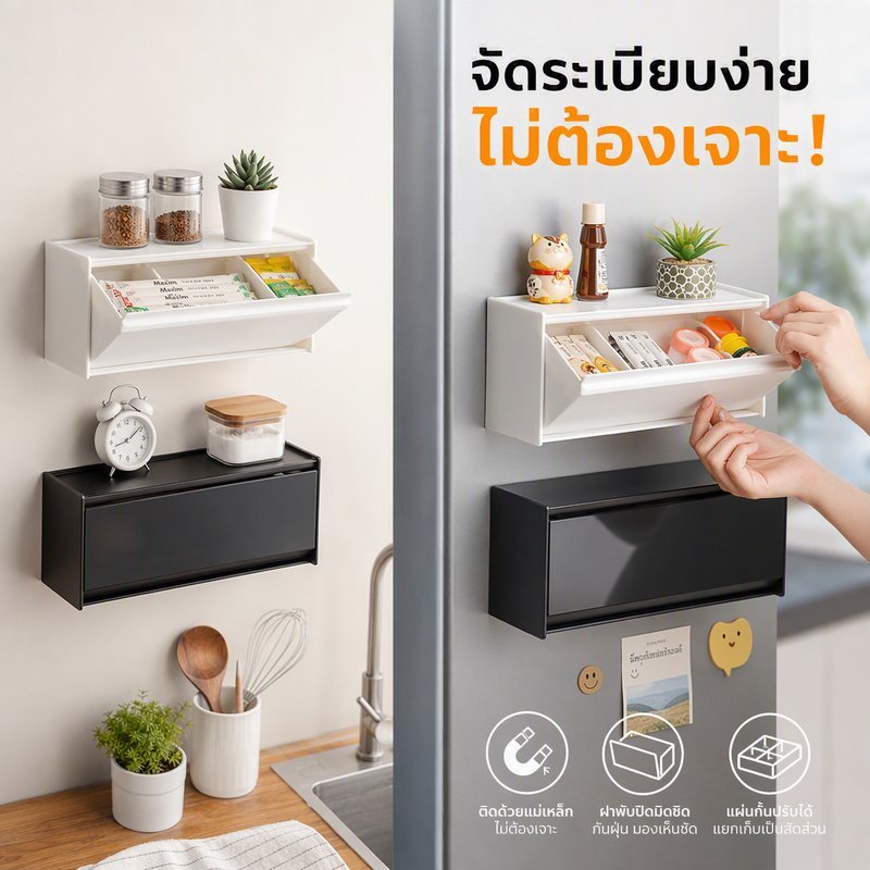 กล่องเก็บของติดผนัง แม่เหล็ก กันฝุ่น ฝาปิด 4 ช่อง จัดระเบียบ ห้องครัว ห้องน้ำ ติดแน่น