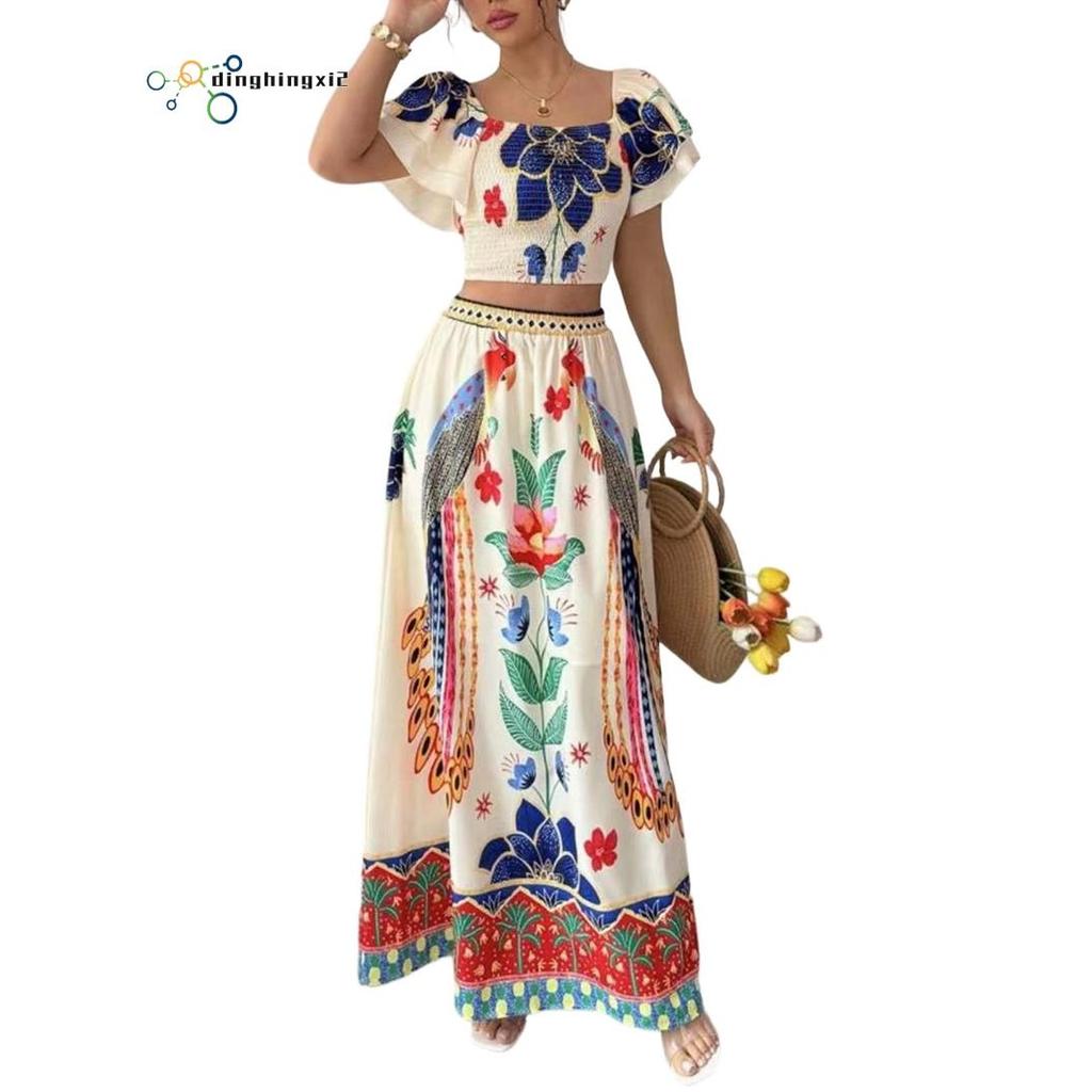 ผู้หญิงพิมพ์ชุดกระโปรงดอกไม้ Halter Crop Top สาย Maxi กระโปรง Casual Going Out ชุดดอกไม้สี M