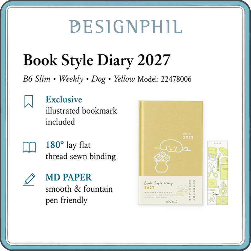MIDORI Book Style Diary 2027 B6 Slim Weekly Planner – Dog Design, MD Paper, January Start, Yellow