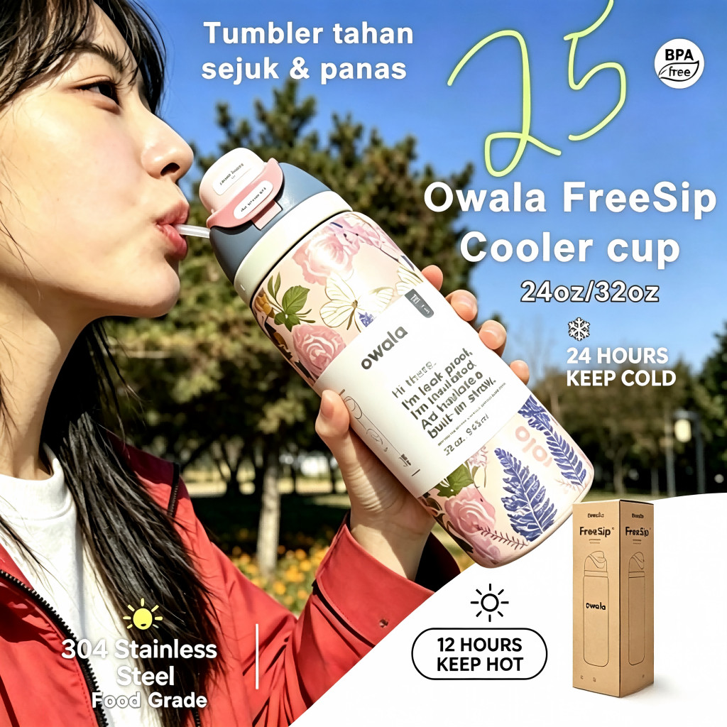จัดส่งในวันเดียวกัน: ของแท้ Owala 950ml ความจุขนาดใหญ่ดื่มคู่กระติกน้ําร้อนถ้วยเกรดอาหาร 304 สแตนเลส Pop-Up ฟางขวดน้ําฉนวนกันความร้อนเย็นเก็บกลางแจ้งแบบพกพาขวดน้ําถ้วยรถป้องกันการรั่ว Shock-