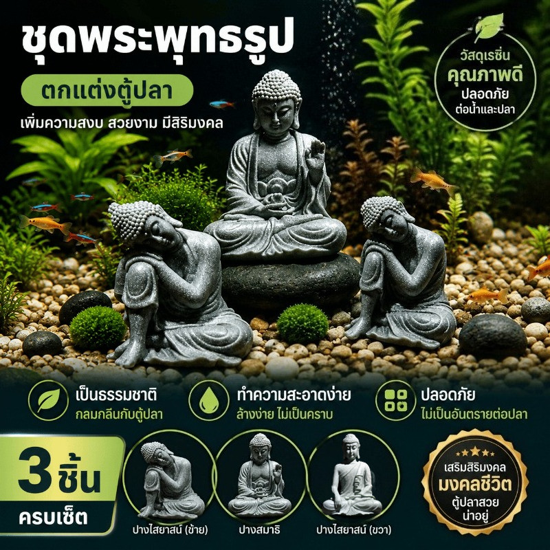 ของตกแต่งตู้ปลา พระพุทธรูปหินทราย จำลองธรรมชาติ แบบกลวง ปลาว่ายลอด ซ่อนตัว ตู้ไม้น้ำ