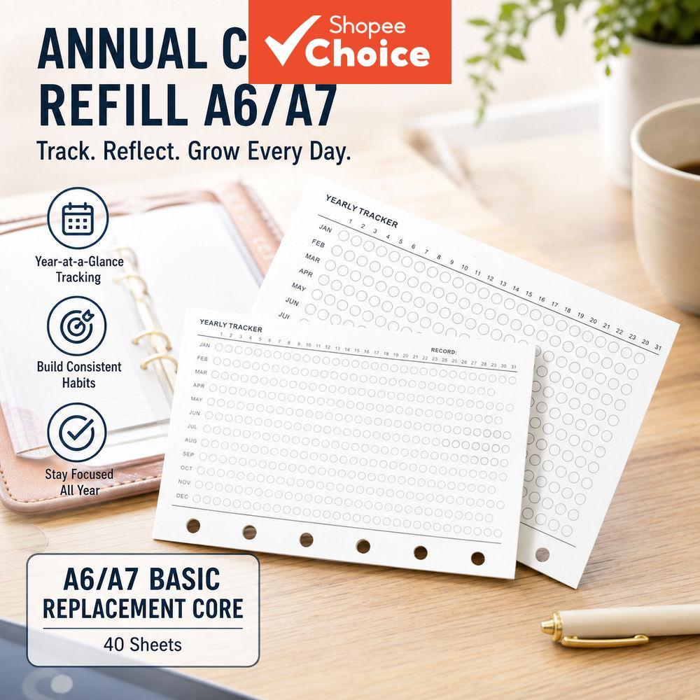 หน้าเติมตรวจสอบรายปี 40 แผ่น A6/A7, Annual Habit Tracker 6 หลุมหลวมใบแทรกสําหรับ Ring Binder Planner