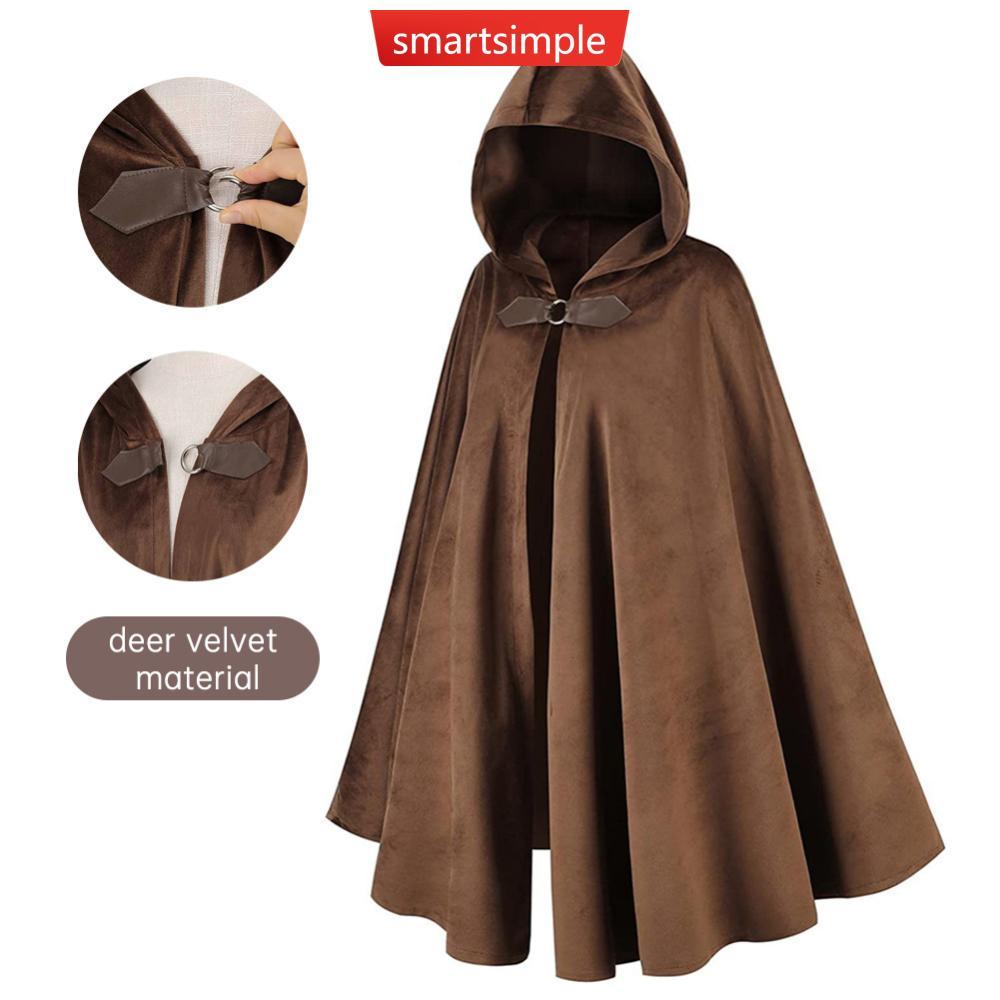 SMARTSIMPLE เสื้อคลุมมีฮู้ดสําหรับผู้ชายคอสเพลย์ยุคกลาง Cape รอบหัวเข็มขัดโลหะ & สีเขียว Leaf เข็มกล