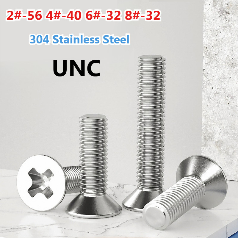 UNC 2 #-56 4#-40 6#-32 8#-32 304 สแตนเลส Cross Phillips Flat Countersunk หัวสกรู Bolt ยาว 5/32"~2-3/