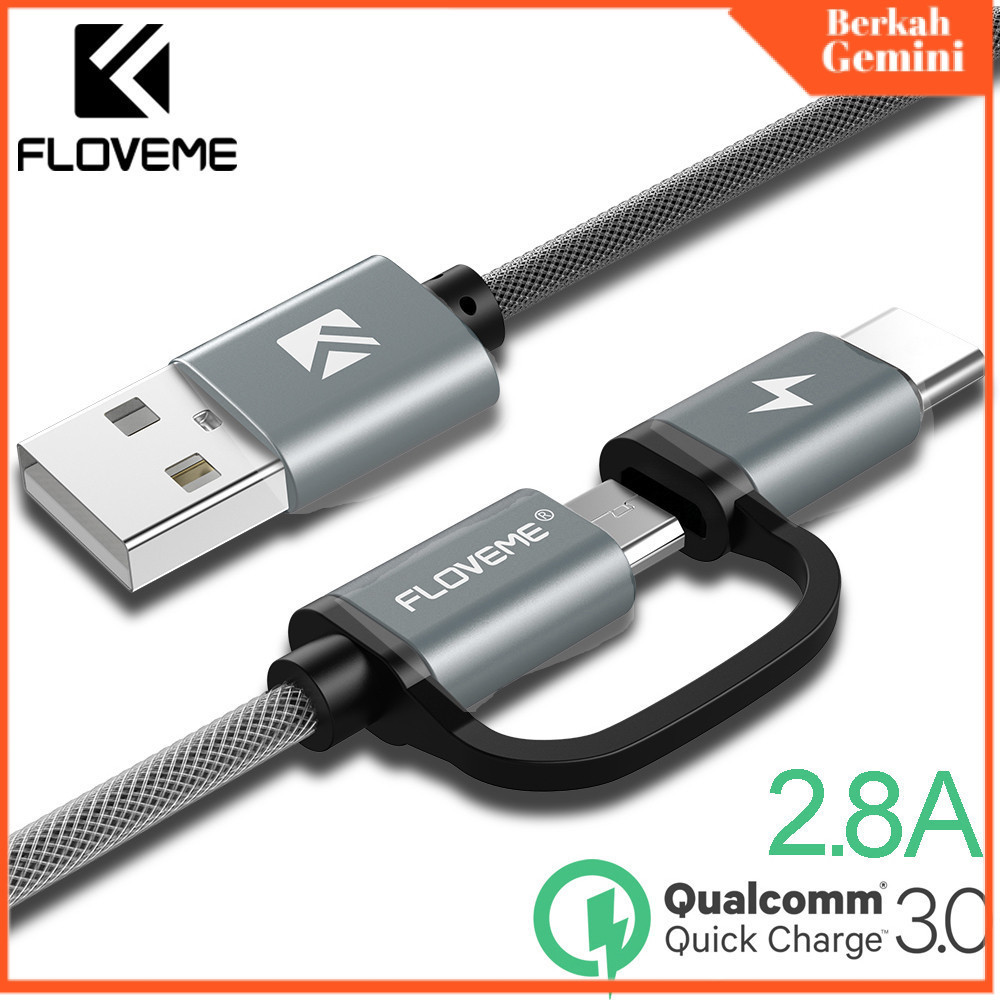 Floveme 2 in 1 Micro USB + USB Type C QC3.0 2.8A 100cm สายชาร์จ - P9 - สีเทา - FQUA0EGY