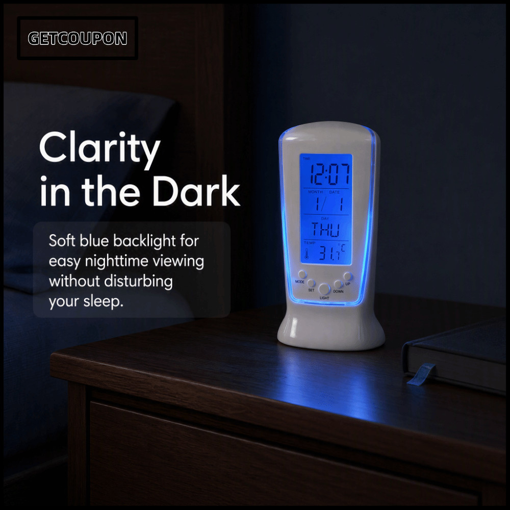 GETCOUPON นาฬิกาปลุกขนาดเล็ก, แสดงอุณหภูมิ ABS Shell Luminous นาฬิกาปลุก, จอแสดงผลปฏิทินขี้เกียจโหมดเงียบ Luminous นาฬิกาปลุก LED ห้องนอน