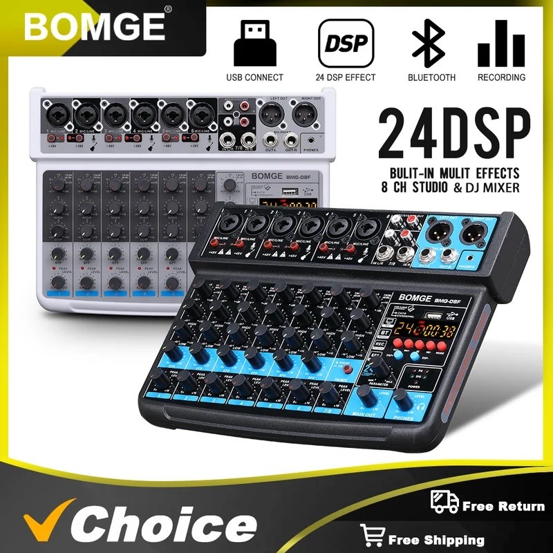 89WQ BOMGE 8 Channel Mini Audio Mixer Line Mixer, DC 5V, Bluetooth, 48V, 24DSP Effects for Small Clu