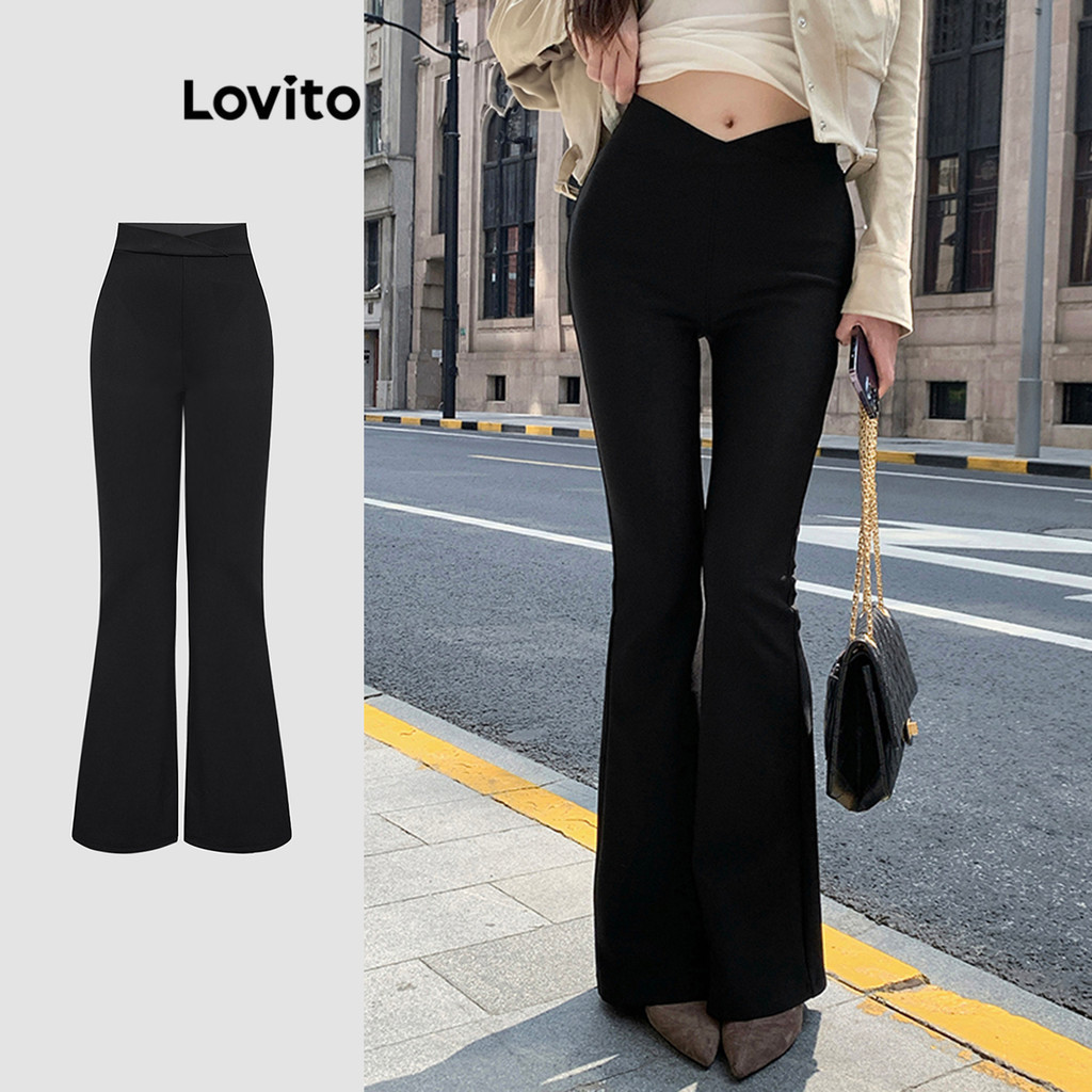 Lovito กางเกงขายาว สีพื้น ดีไซน์ไขว้ สไตล์แคชชวล สำหรับผู้หญิง L120ED262