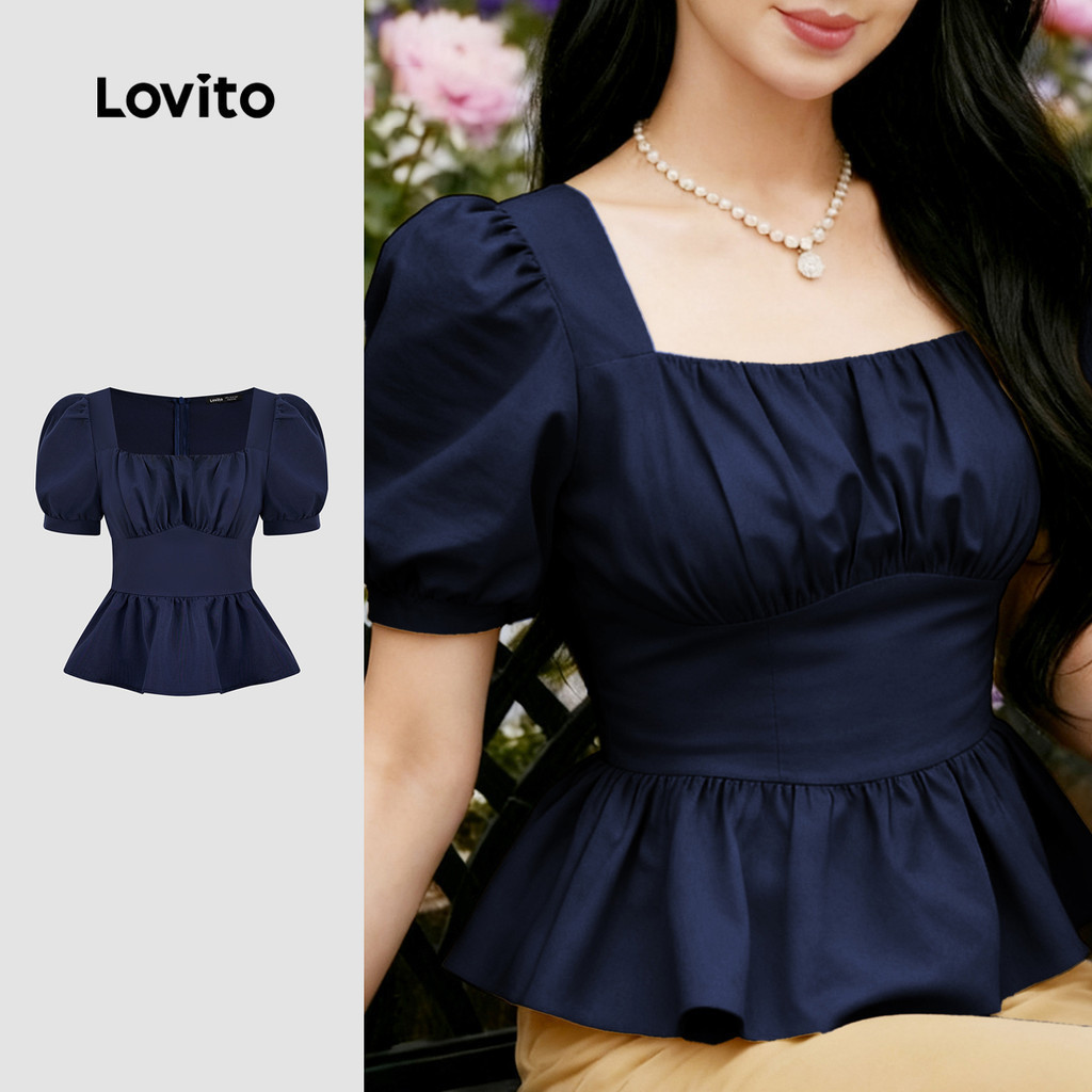 Lovito เสื้อแคชชวลผู้หญิง สีน้ำเงินเข้ม ทรงเข้ารูป เอวจีบ สำหรับฤดูใบไม้ผลิ/ฤดูร้อน LK2ED1668