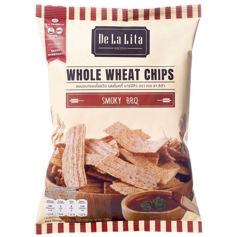 เดอลาลิต้าขนมอบกรอบโฮลวีตรสสโมคกี้บาร์บีคิว 70ก De La Lita Whole Wheat Chips Smoky BBQ 70g. [บาร์โค้ด 8859078001837]