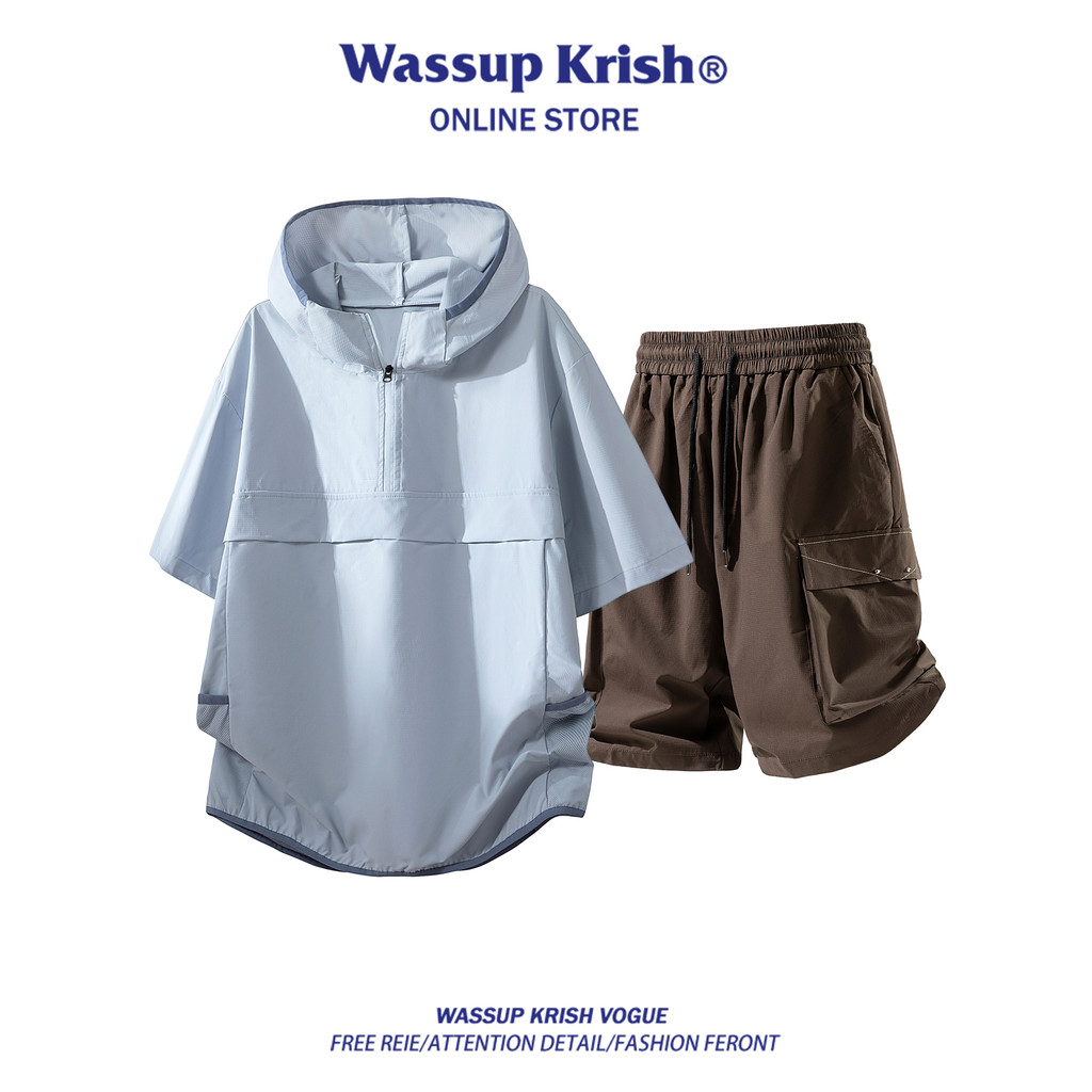 WASSUP KRISH American Overalls ชุดกีฬาผู้ชายฤดูร้อนบางหลวมเสื้อยืดมีฮู้ดกางเกงขาสั้นหนึ่งชุด