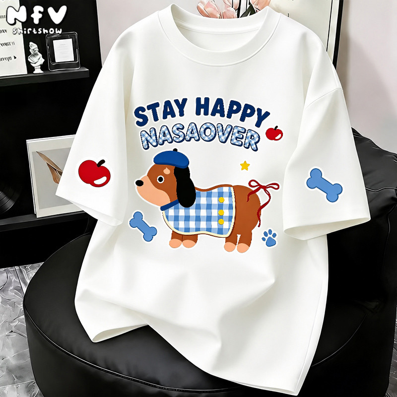 NFV แฟชั่นเกาหลี ระบายอากาศ ใส่สบาย เสื้อยืดแขนสั้นคอกลม ทรงหลวม ลายหมาน้อยน่ารัก อ่อนนุ่ม YG2760