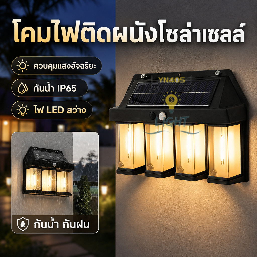 ไฟติดผนังโซล่าเซลล์ LED โคมไฟโซล่าเซลล์ ไฟเซ็นเซอร์ ใช้พลังงานแสงอาทิตย์ ไม่ต้องเดินสายไฟ กันน้ำฝน