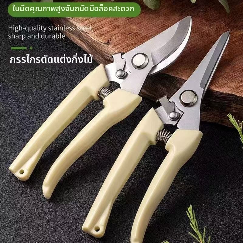 กรรไกรตัดกิ่งไม้ปากโค้ง สแตนเลส 7 นิ้ว ด้ามพลาสติก มีสปริงและตัวล็อค สำหรับตัดแต่งสวนและเก็บเกี่ยวผลผลิต