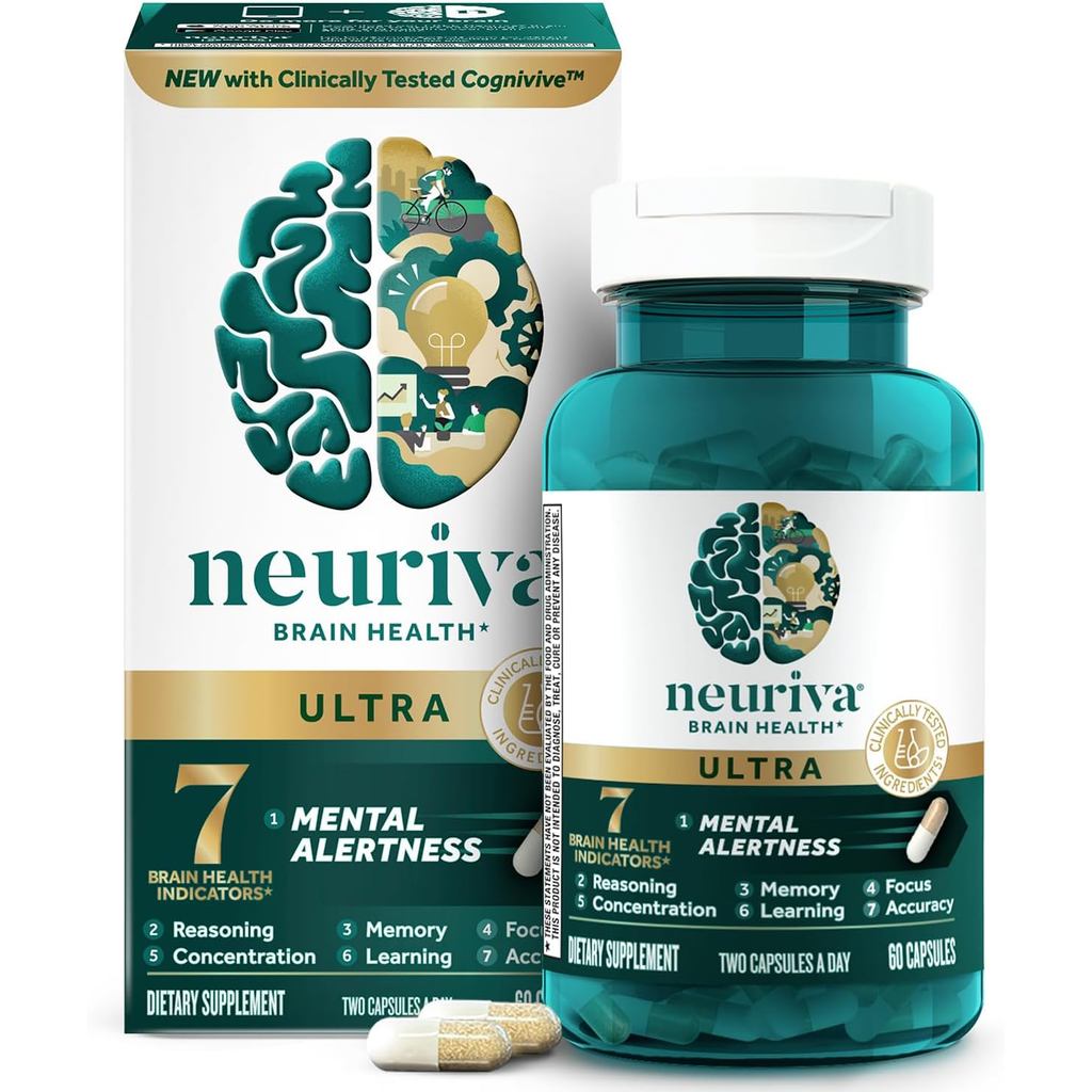 NEURIVA Ultra-Cffeine-Free Clinical Test Brain อาหารเสริมปรับปรุง Spiritual Amance, Memory,ความเข้มข