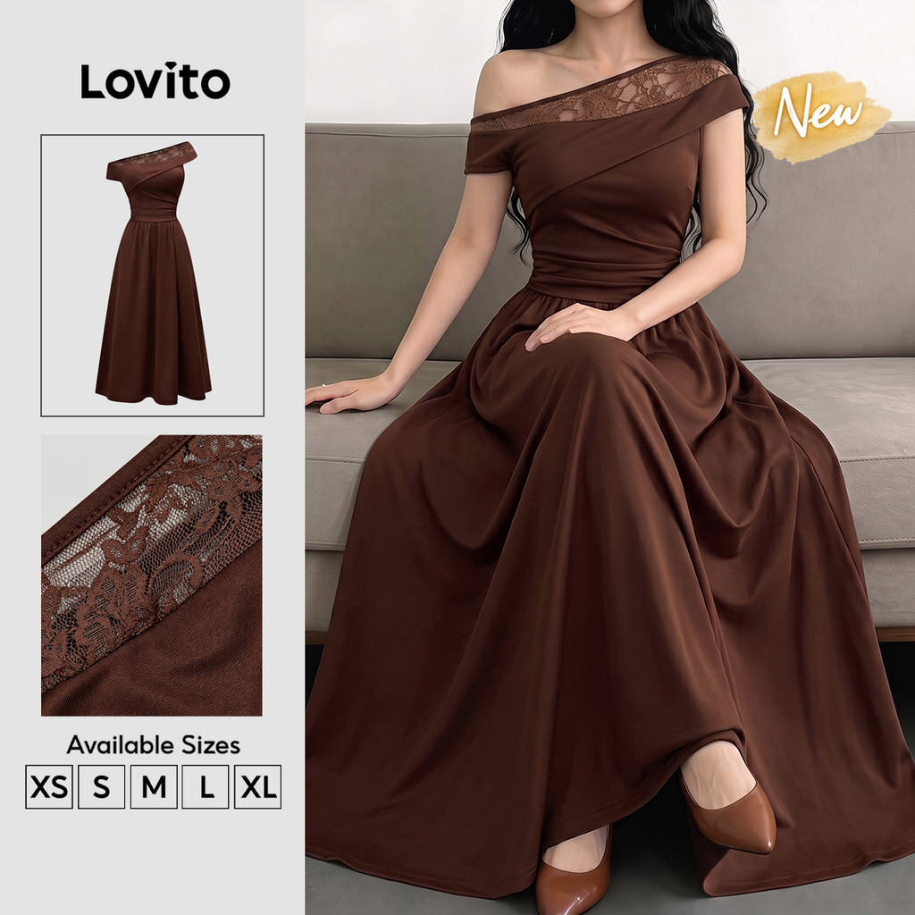 (New Arrival) Lovito เดรสผ้าลูกไม้ไม่สมมาตร เย็บต่อผ้าอย่างมีสไตล์ โทนสีน้ําตาลสําหรับฤดูใบไม้ผลิ/ฤดูร้อน Elegant Dress DRK9P1D919