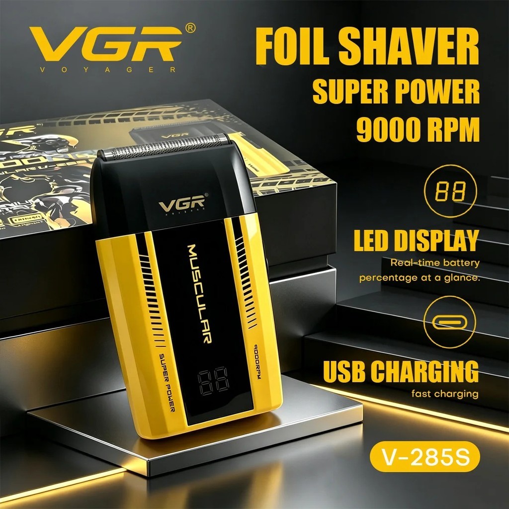 VGR V-285S เครื่องโกนหนวดฟอยล์ไฟฟ้า 9000RPM เคลือบไทเทเนียมจอแสดงผล LED ตัวเครื่องโลหะ
