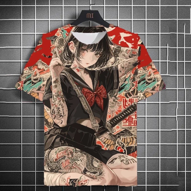 ญี่ปุ่น Samurai Katana Tattoo สาวเสื้อยืด 3D พิมพ์ Unisex บุคลิกภาพอะนิเมะ Tee ผู้ชายผู้หญิง Harajuk