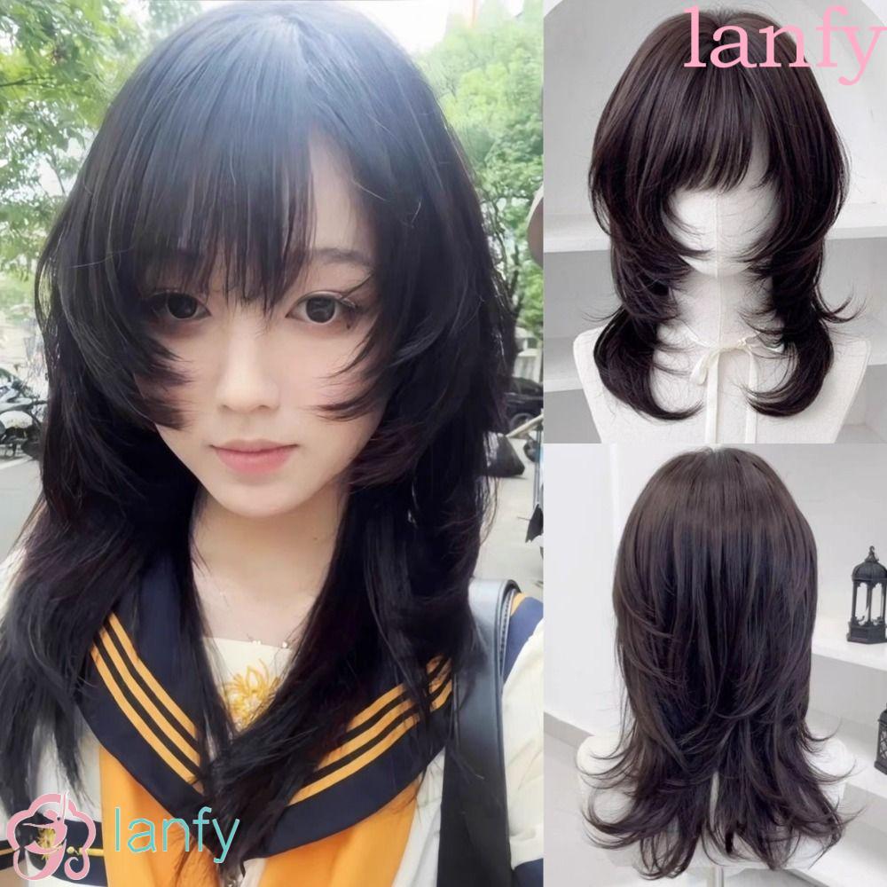LANFY แมงกะพรุนวิกผมเรียบ,สังเคราะห์ธรรมชาติขนาดกลางตรงชั้นวิกผม,ผมปลอม Hairpiece Wolf Cut Mullet ตั