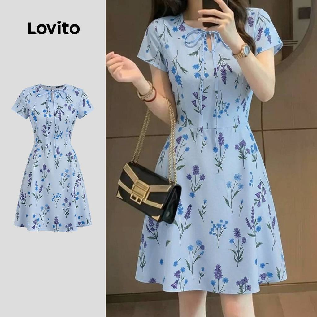 (New Arrival) Lovito ชุดเดรสสีฟ้าลายพลีตสําหรับผู้หญิง เหมาะสําหรับใส่แบบสบาย ๆ ในฤดูใบไม้ผลิ/ฤดูร้อน L198ED354