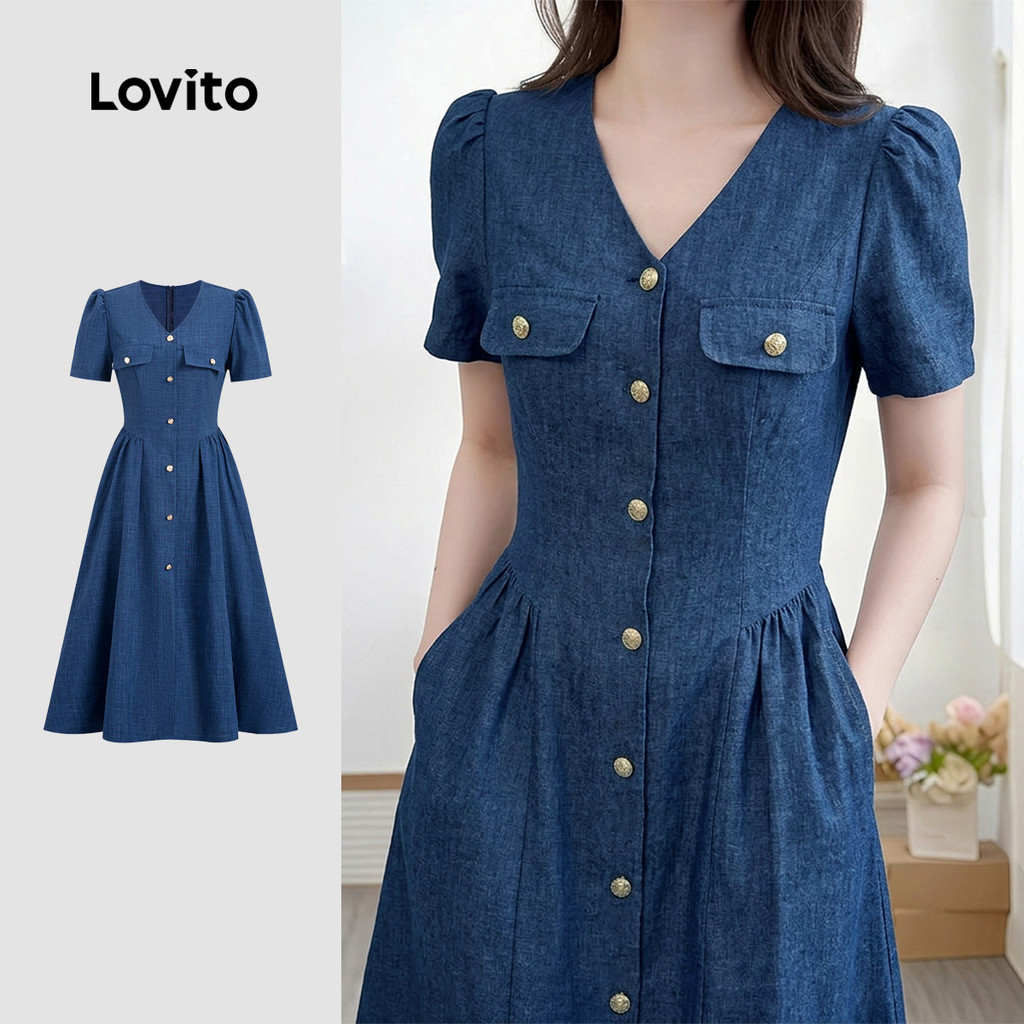 Lovito ชุดเดรสสีน้ําเงินเข้มสําหรับผู้หญิง ใส่สบายในฤดูใบไม้ผลิ/ฤดูร้อน มีซิปและกระดุมตกแต่งปลอม LBL37102