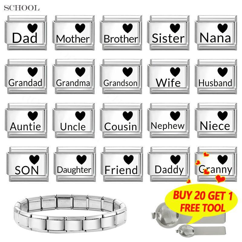 สร้อยข้อมือสแตนเลส 9 มม. ลายอิตาเลียน เพื่อนและครอบครัว Charms สำหรับทำเอง สไตล์เรโทร