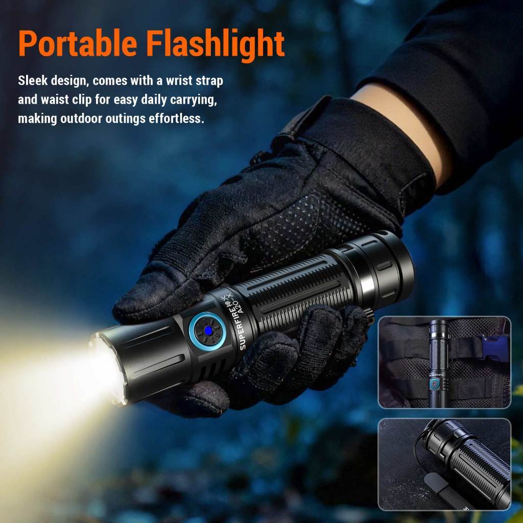 SUPERFIRE A20‑X ไฟฉาย LED แสงสีเหลือง 15W สว่างมาก 1290 ลูเมน กันน้ำ ชาร์จได้ ไฟสปอตไลท์ สำหรับกลางแจ้ง — صورة 7