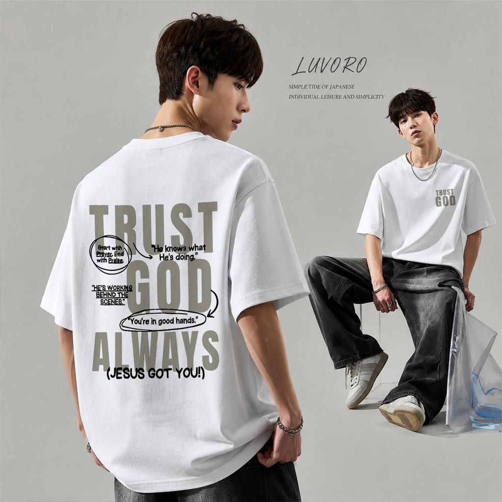 (ผ้าฝ้าย100%) Luvoro 2026 Cotton ย้อนยุค oversize T-shirt เนื้อผ้านุ่มระบายอากาศดี สีดำและสีขาว เสื้