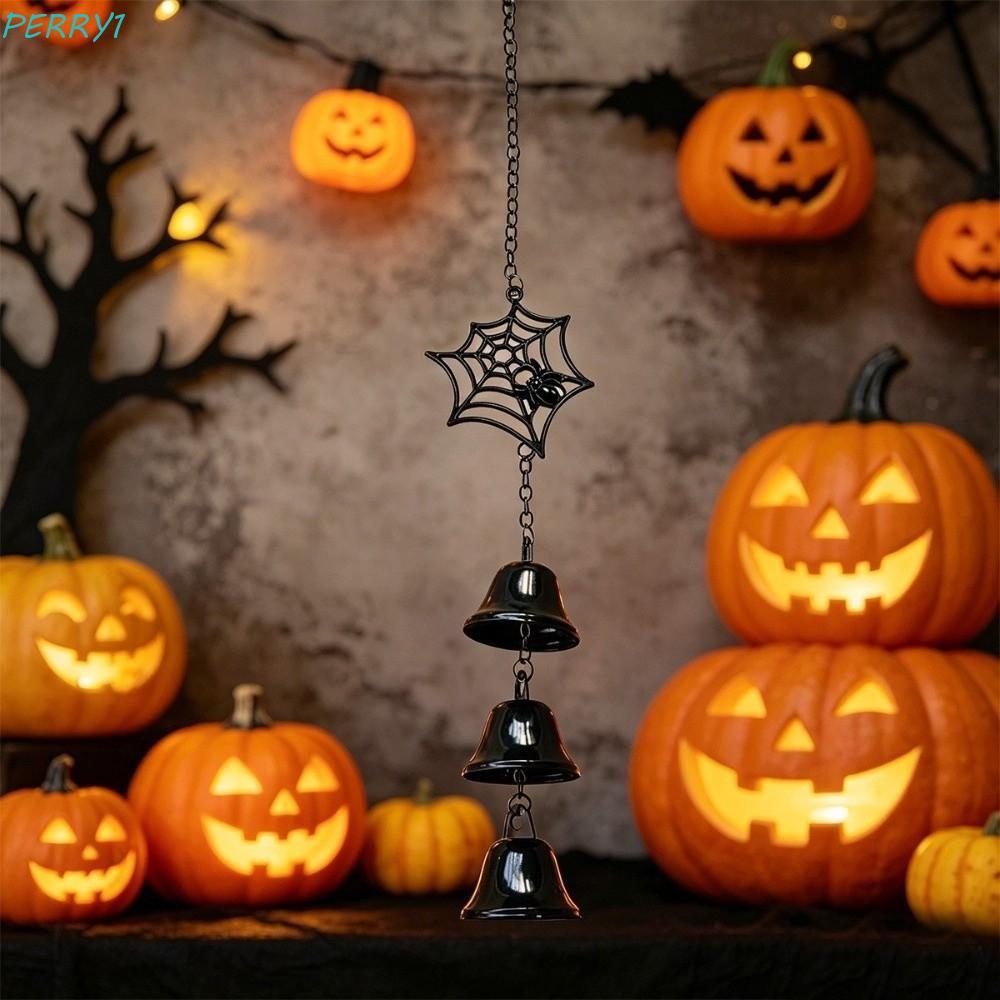 PERRY Spider Web Wind Chime, Retro Spooky Halloween Wind Chime, ตลก Triple Bell Fade ทนกันน้ํา Spide