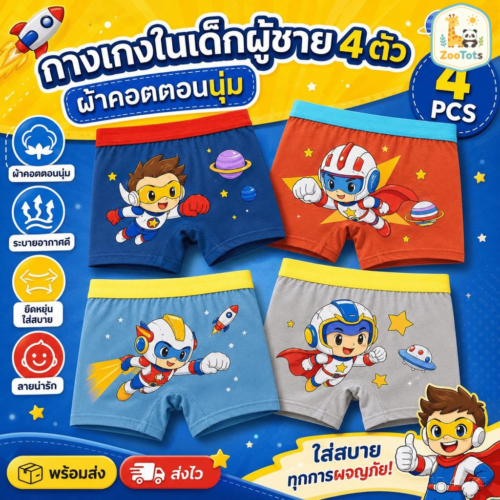 กางเกงในเด็กผู้ชาย ผ้าฝ้ายแท้ 4 ตัว แพ็กสุดคุ้ม นุ่มสบาย ระบายอากาศดี ขอบเอวยืดหยุ่น พร้อมส่งในไทย