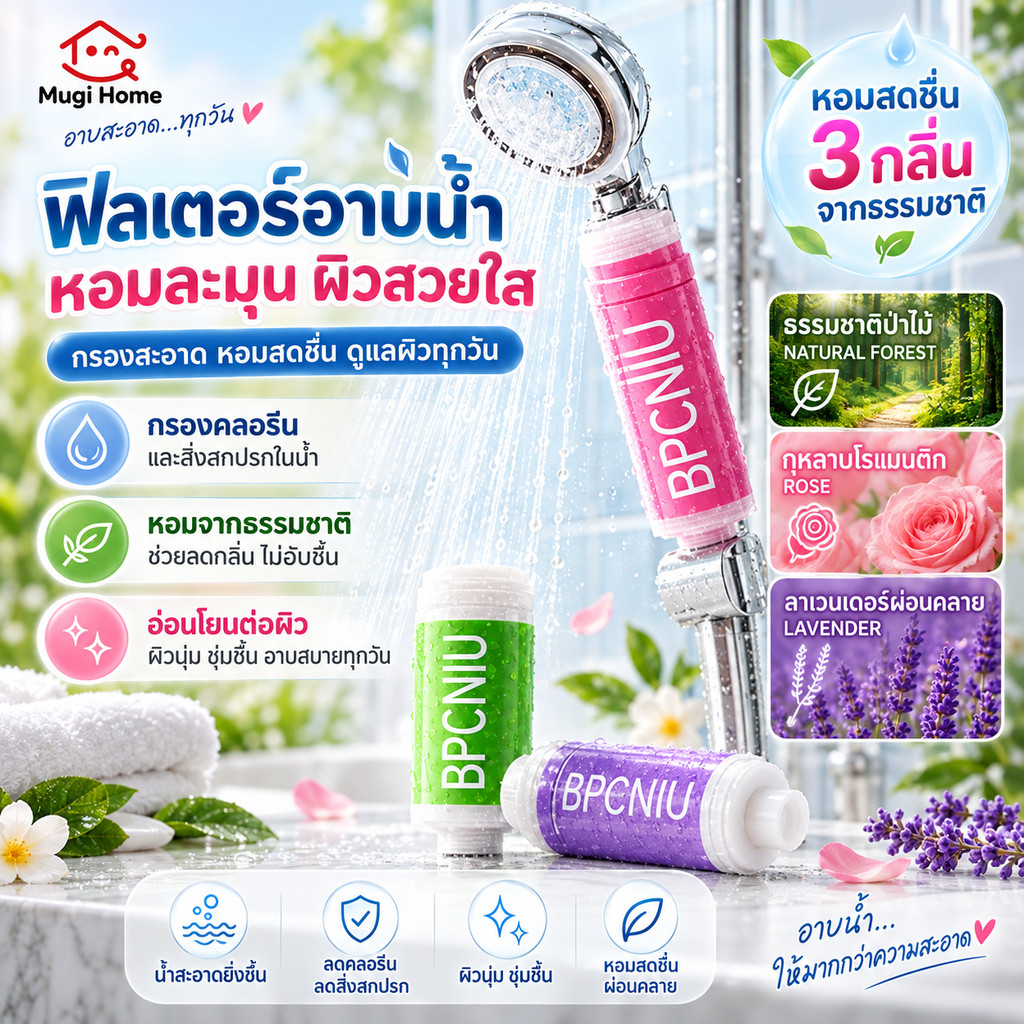 ตัวกรองอาบน้ำ ฝักบัวอโรม่า ฝักบัวกรองน้ำ 2 ชั้น ฟิลเตอร์กรองน้ำผสมวิตามิน กรองคลอรีนได้ถึง 99% บํารุงผิว ลดคราบสกปรก
