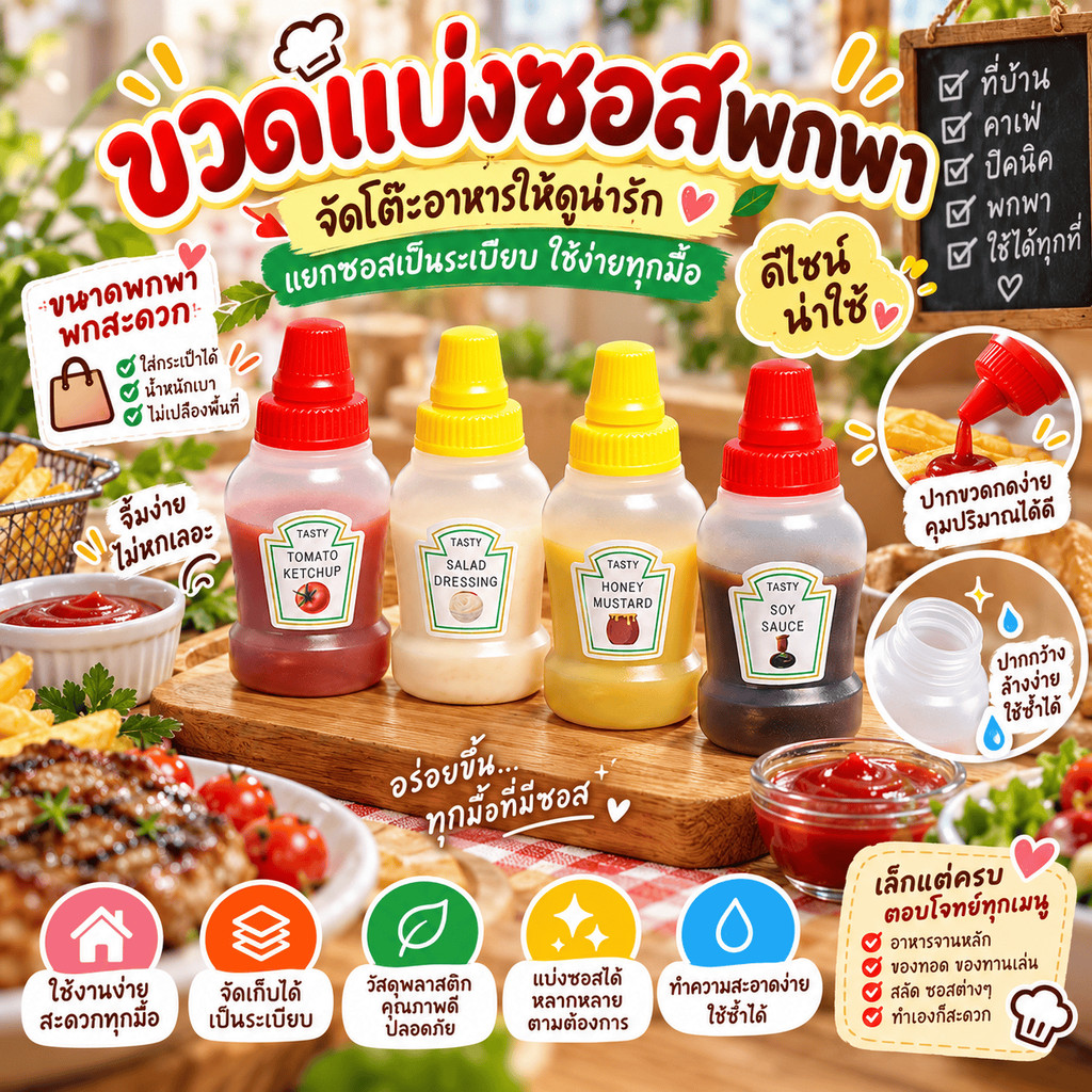 ชุดขวดเครื่องปรุงแบบบีบ ใส่ซอส น้ำสลัด แยม ใช้ในครัวและปิ้งย่างกลางแจ้ง พกพาสะดวก ส่งไว COD ใช้งานง่าย บ้านคอนโด