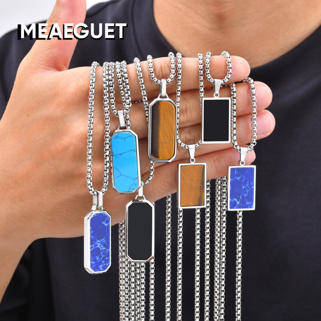 Meaeguet Lapis Lazuli สี่เหลี่ยมผืนผ้าสร้อยคอจี้สําหรับชายเรขาคณิตสุนัขแท็กหินธรรมชาติไทเทเนียมเหล็ก