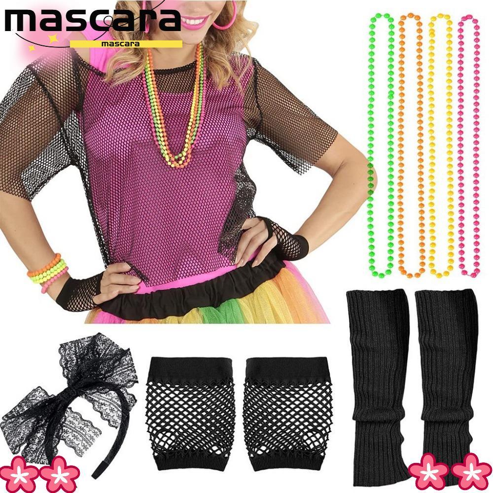 MARA Fishnet เสื้อชุดสร้อยคอ,ขาอุ่นแถบคาดศีรษะ 80s เครื่องแต่งกายชุดอุปกรณ์เสริม,สร้อยคอโซ่ลูกปัดถุง