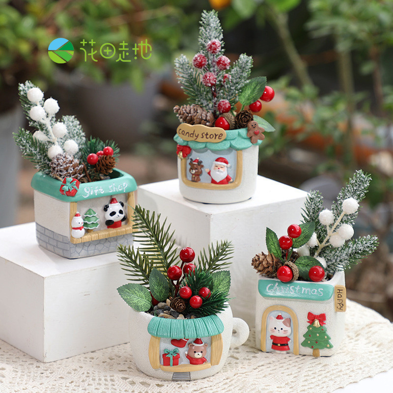 Creative Santa Succulent กระถางดอกไม้การ์ตูน Santa Claus คริสต์มาสอาหารแมว Shop Peace Joy พืช Potted