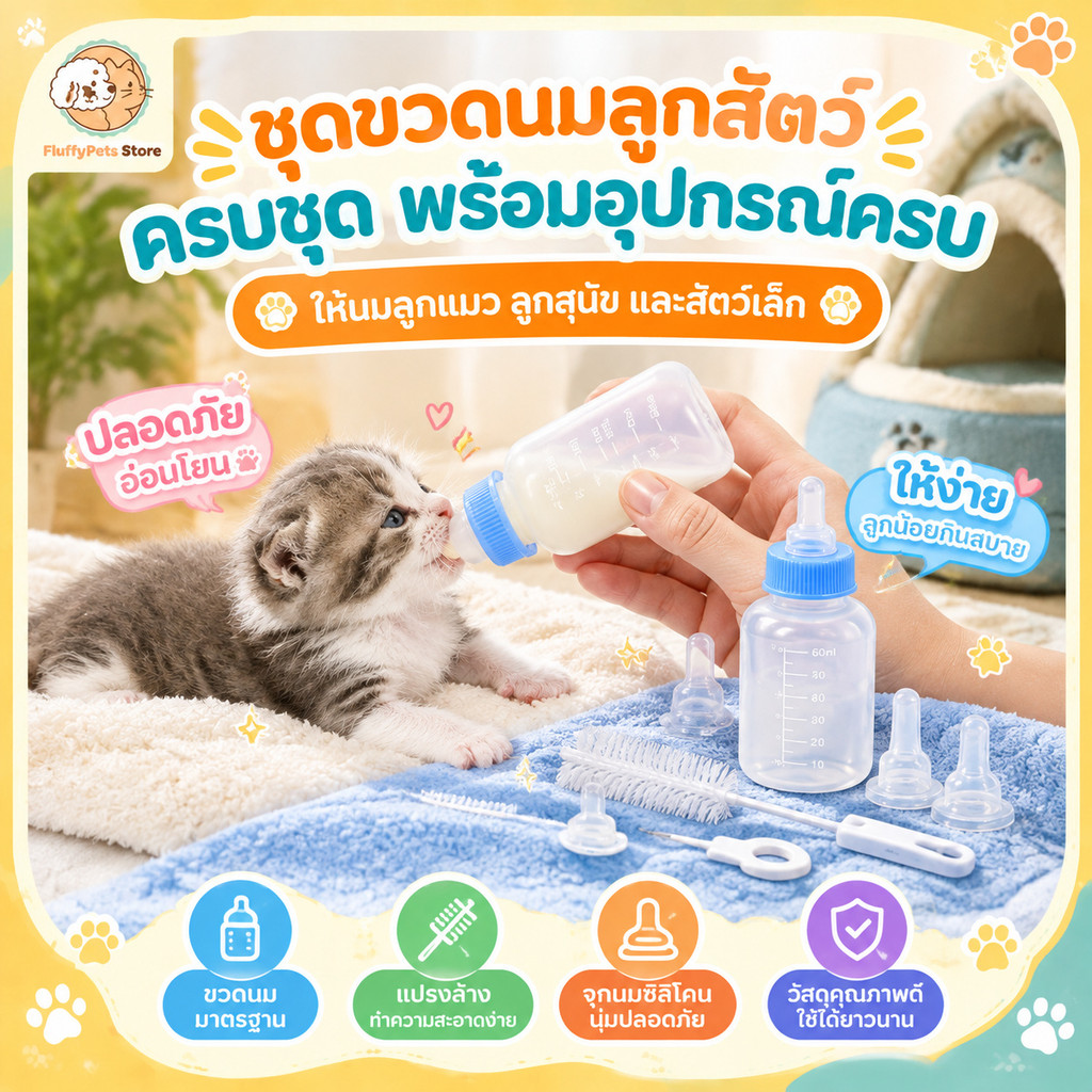 ขวดนมสัตว์เลี้ยง 50cc เซ็ต4ชิ้น สำหรับลูกแมวลูกสุนัขแรกเกิด ซิลิโคน ขวด PP วัสดุปลอดภัย ทนความร้อน บีบป้อนนมง่าย