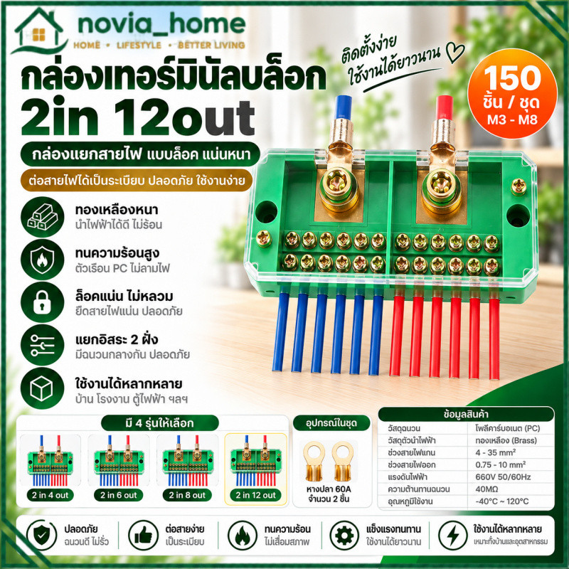 กล่องเทอร์มินัลบล็อก 2in4/6/8/12out กล่องแยกสายไฟ ขั้วต่อสายไฟ ทองเหลือง 660V พร้อมฝาครอบ ตู้ไฟ งานไฟฟ้า