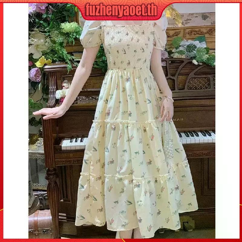 Gjcute ชุดเดรสยาว คอสี่เหลี่ยม พิมพ์ลายดอกไม้ สไตล์เรโทร สําหรับสตรี WTD