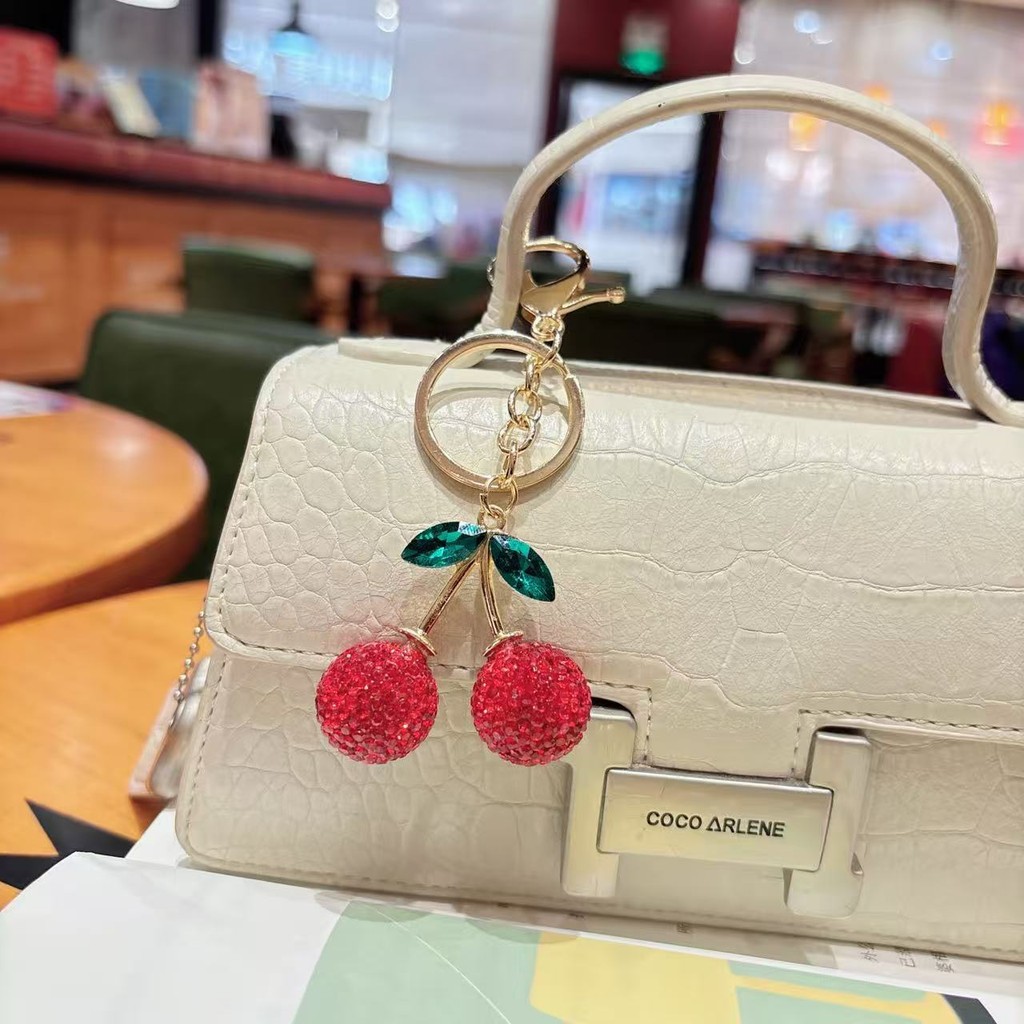 สร้างสรรค์เพชรเต็มขนาดเล็กใบสีเขียวพวงกุญแจเชอร์รี่/แฟชั่นเพชรเชอร์รี่จี้คู่ของขวัญเล็กๆ - รูปที่ 2