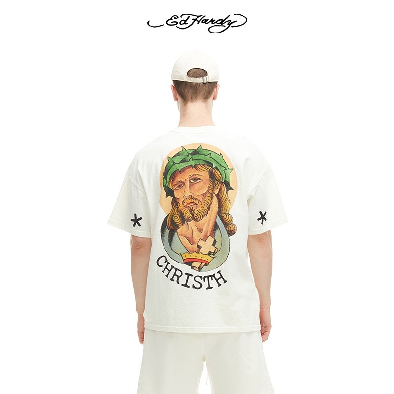 Ed Hardy ฤดูร้อนสร้างสรรค์ Pentagon พิมพ์ย้อนยุคแฟชั่นแขนสั้นเสื้อยืดผู้ชายสไตล์