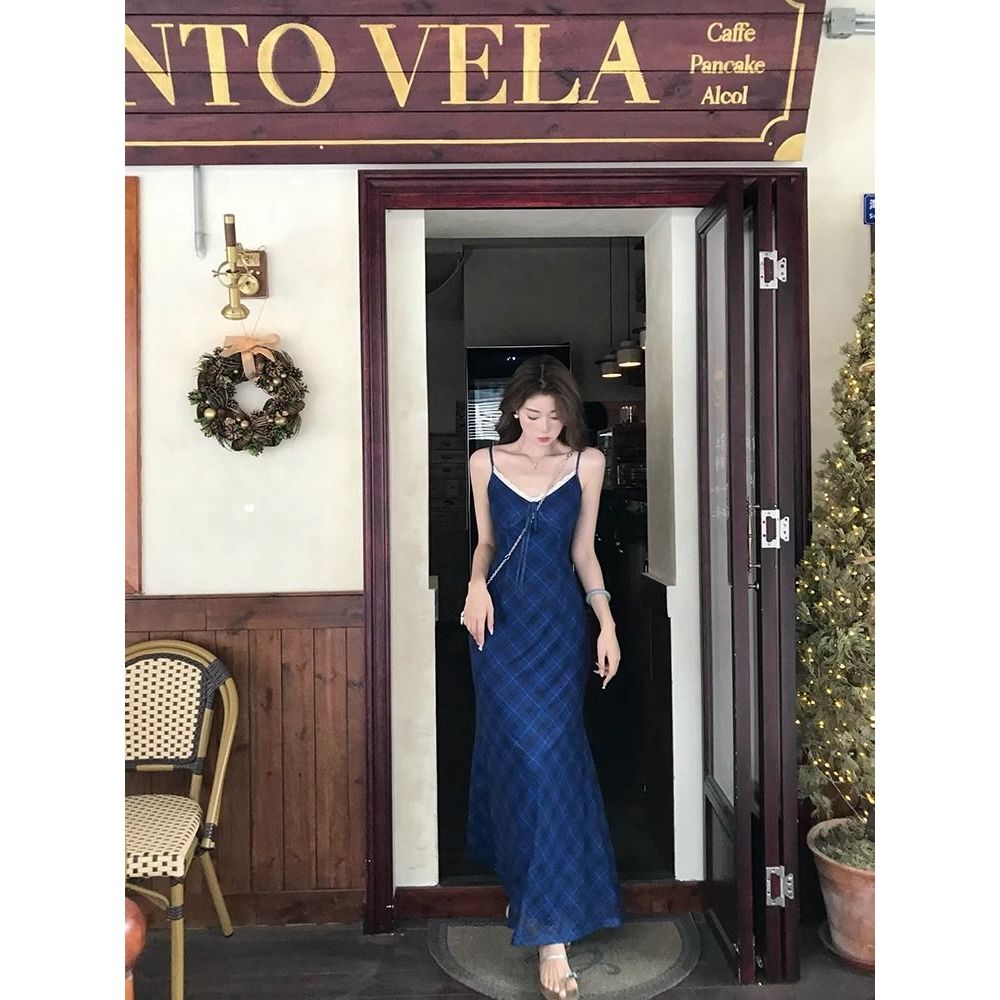 P ลายสก๊อต v คอสลิงชุดผู้หญิงฤดูร้อนวันหยุด Classy กระโปรงสะโพก Halter Slimmer ดูกระโปรงยาว 305 8UMF